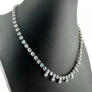 Vintage 1950s Rhinestone Blue Glass Prong Set Silver Tone Choker 15" Necklace